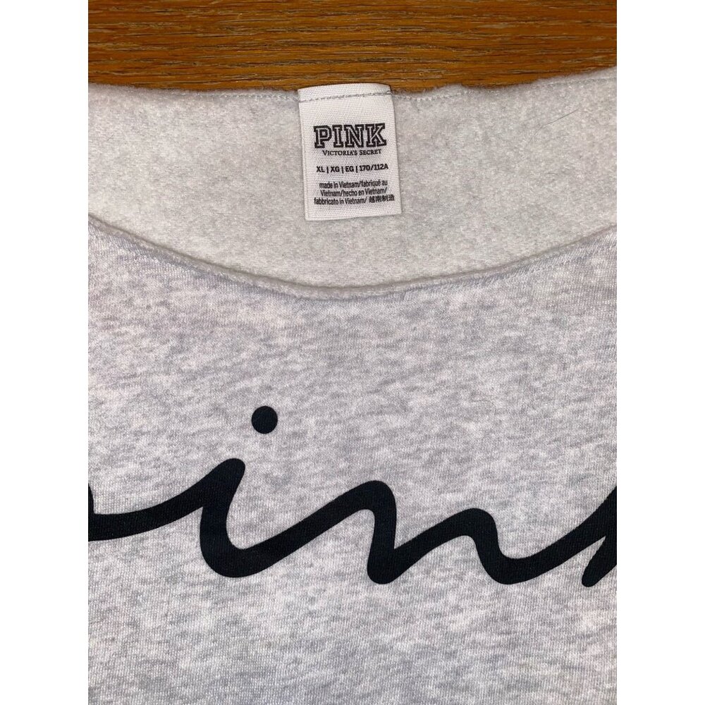 PINK Victoria's Secret Light Gray Cropped Sweatshirt with Black Script - Picture 2 of 5